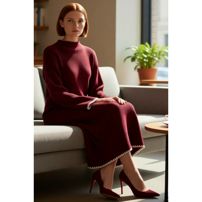 Kadın Casual Dik Yaka Düşük Kollu Maxi Boy Triko Elbise Rahat Shift Kalıp Kış Kombinleri İçin