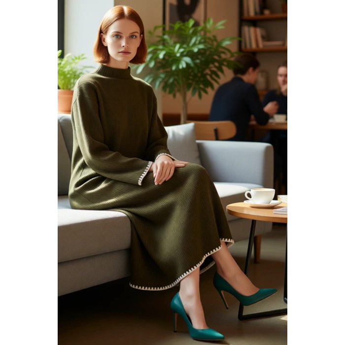 Kadın Casual Dik Yaka Düşük Kollu Maxi Boy Triko Elbise Rahat Shift Kalıp Kış Kombinleri İçin