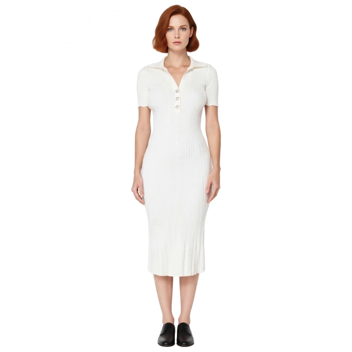 Kadın Casual Düz Desenli Bodycon Polo Yaka Kısa Kollu Triko Maxi Elbise İlkbahar Sonbahar Şıklığı