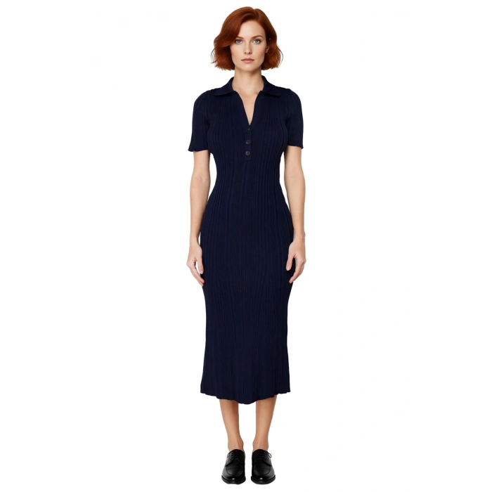 Kadın Casual Düz Desenli Bodycon Polo Yaka Kısa Kollu Triko Maxi Elbise İlkbahar Sonbahar Şıklığı