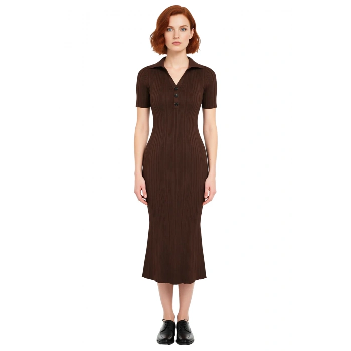 Kadın Casual Düz Desenli Bodycon Polo Yaka Kısa Kollu Triko Maxi Elbise İlkbahar Sonbahar Şıklığı