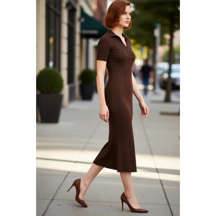 Kadın Casual Düz Desenli Bodycon Polo Yaka Kısa Kollu Triko Maxi Elbise İlkbahar Sonbahar Şıklığı