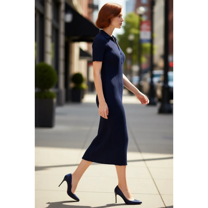 Kadın Casual Düz Desenli Bodycon Polo Yaka Kısa Kollu Triko Maxi Elbise İlkbahar Sonbahar Şıklığı