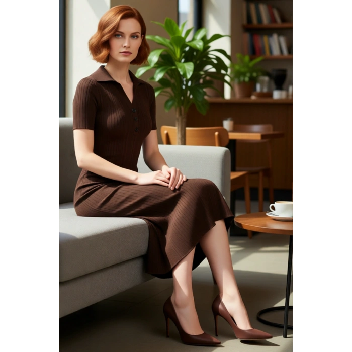 Kadın Casual Düz Desenli Bodycon Polo Yaka Kısa Kollu Triko Maxi Elbise İlkbahar Sonbahar Şıklığı