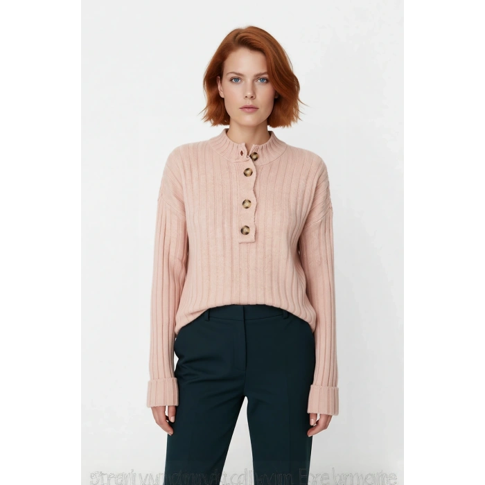 Kadın Casual Ekru Yarım Patlı Düşük Kol Fitilli Triko Kazak Soğuk Havaların Favorisi Kaliteli