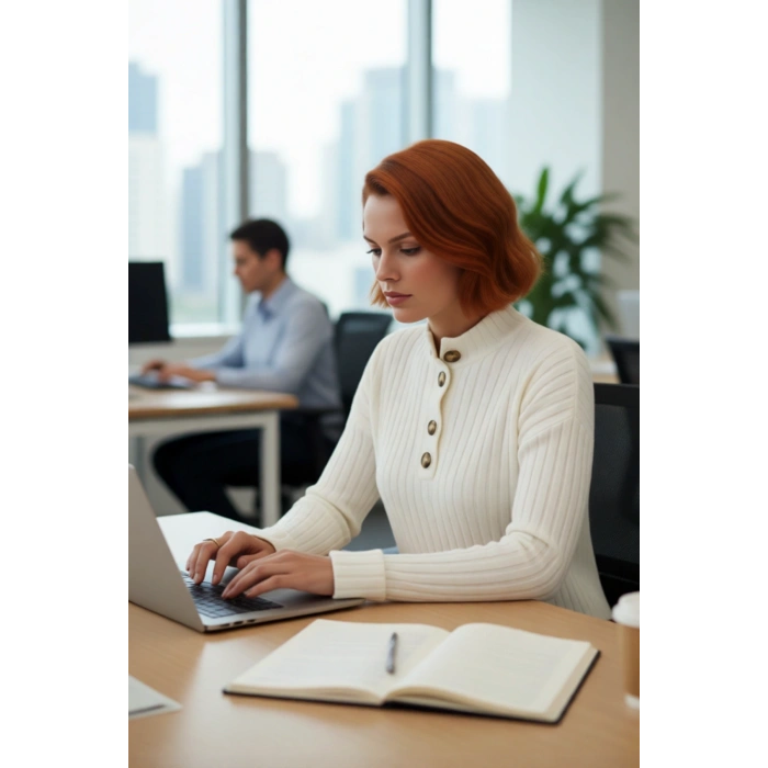 Kadın Casual Ekru Yarım Patlı Düşük Kol Fitilli Triko Kazak Soğuk Havaların Favorisi Kaliteli