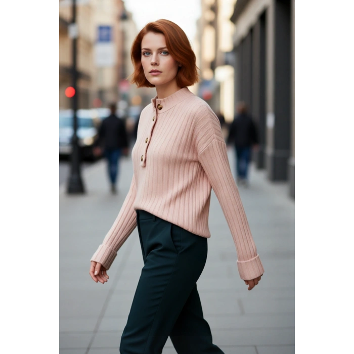 Kadın Casual Ekru Yarım Patlı Düşük Kol Fitilli Triko Kazak Soğuk Havaların Favorisi Kaliteli