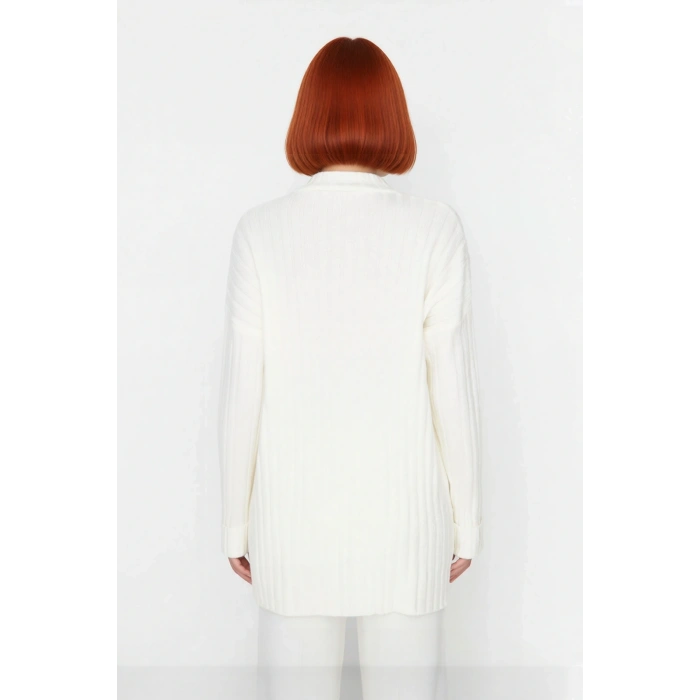 Kadın Casual Ekru Yarım Patlı Düşük Kol Fitilli Triko Kazak Soğuk Havaların Favorisi Kaliteli