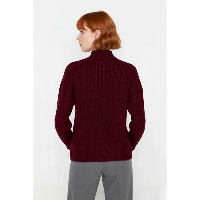 Kadın Casual Fitilli Triko Kazak Orta Kalınlık Dik Yaka Düşük Kol Rahat ve Trend Kış Stili