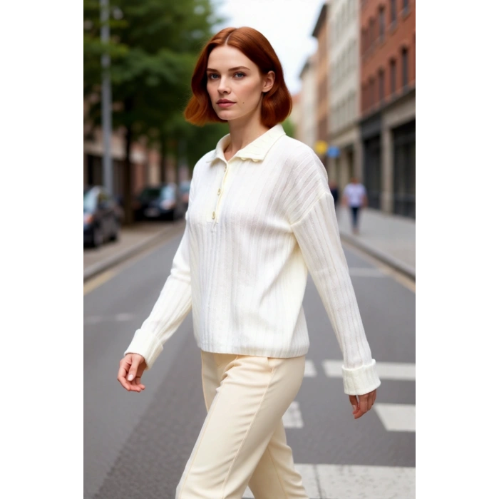 Kadın Casual Fitilli Triko Kazak Orta Kalınlık Dik Yaka Düşük Kol Rahat ve Trend Kış Stili