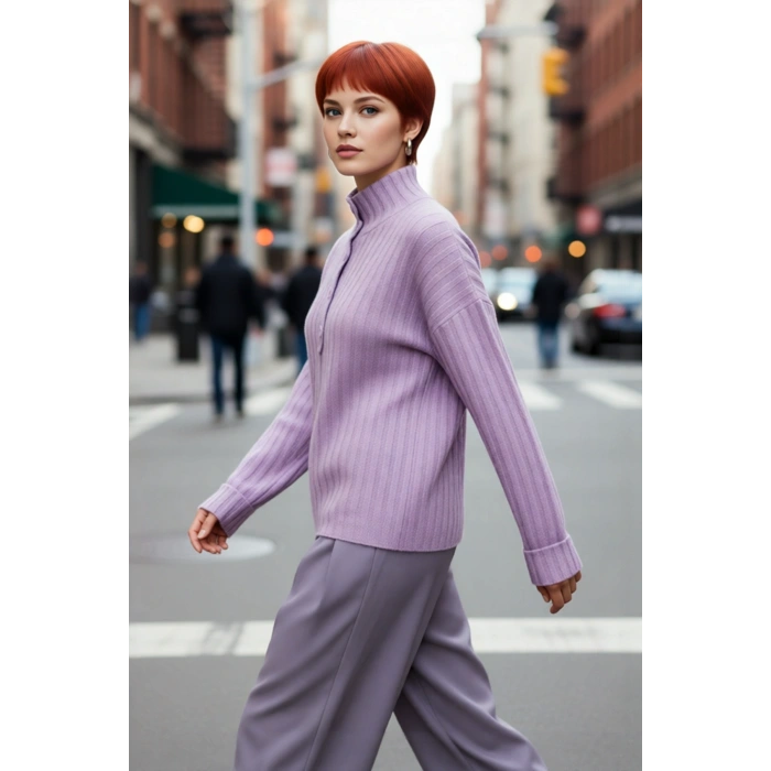 Kadın Casual Fitilli Triko Kazak Orta Kalınlık Dik Yaka Düşük Kol Rahat ve Trend Kış Stili