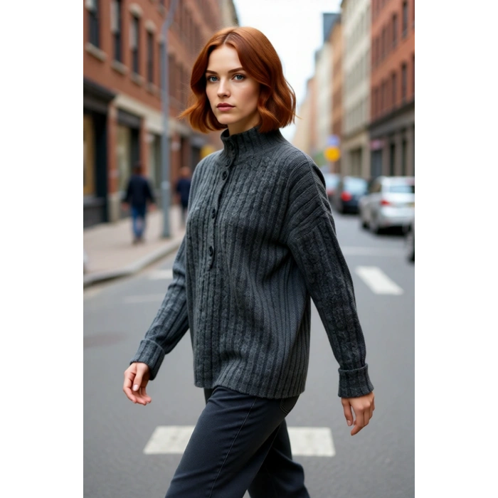 Kadın Casual Fitilli Triko Kazak Orta Kalınlık Dik Yaka Düşük Kol Rahat ve Trend Kış Stili