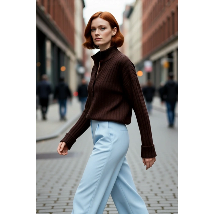 Kadın Casual Fitilli Triko Kazak Orta Kalınlık Dik Yaka Düşük Kol Rahat ve Trend Kış Stili