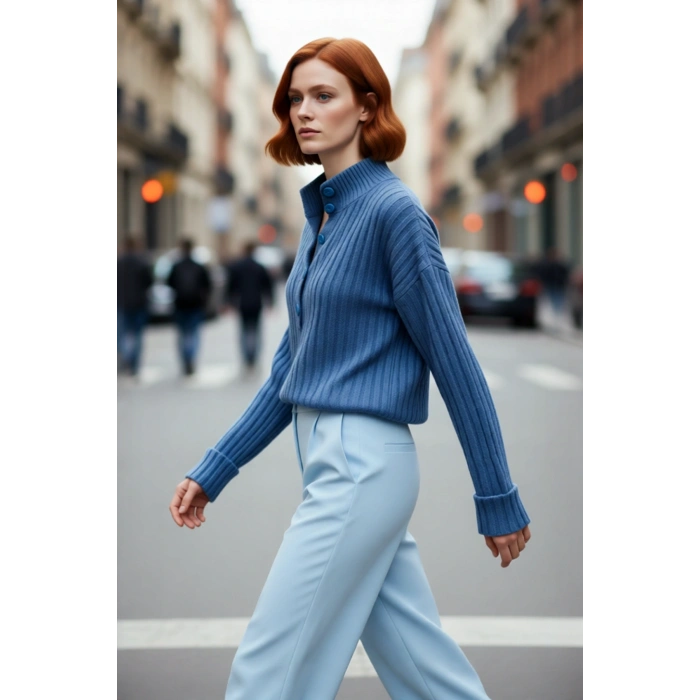 Kadın Casual Fitilli Triko Kazak Orta Kalınlık Dik Yaka Düşük Kol Rahat ve Trend Kış Stili