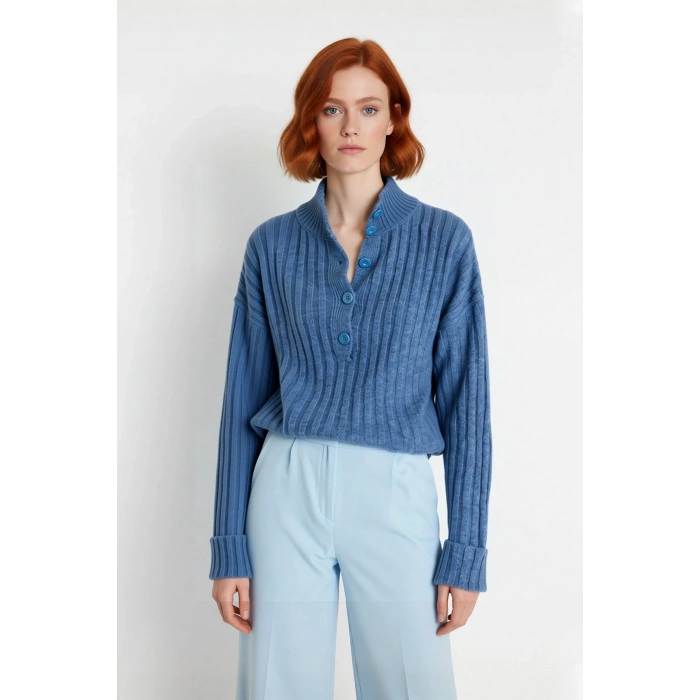 Kadın Casual Fitilli Triko Kazak Orta Kalınlık Dik Yaka Düşük Kol Rahat ve Trend Kış Stili