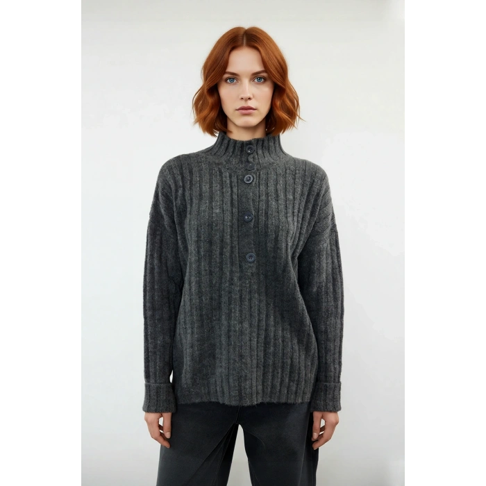 Kadın Casual Fitilli Triko Kazak Orta Kalınlık Dik Yaka Düşük Kol Rahat ve Trend Kış Stili