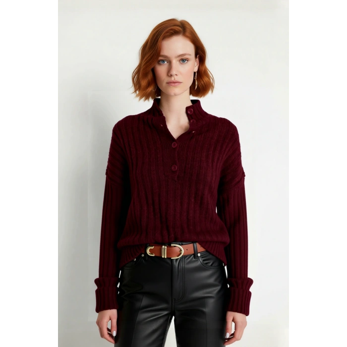 Kadın Casual Fitilli Triko Kazak Orta Kalınlık Dik Yaka Düşük Kol Rahat ve Trend Kış Stili