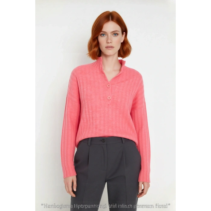 Kadın Casual Fitilli Triko Kazak Orta Kalınlık Dik Yaka Düşük Kol Rahat ve Trend Kış Stili