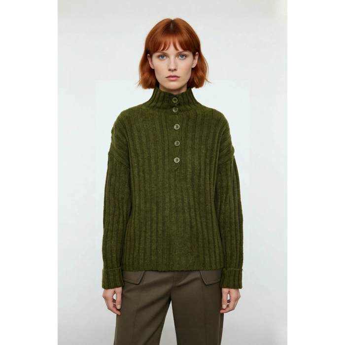 Kadın Casual Fitilli Triko Kazak Orta Kalınlık Dik Yaka Düşük Kol Rahat ve Trend Kış Stili