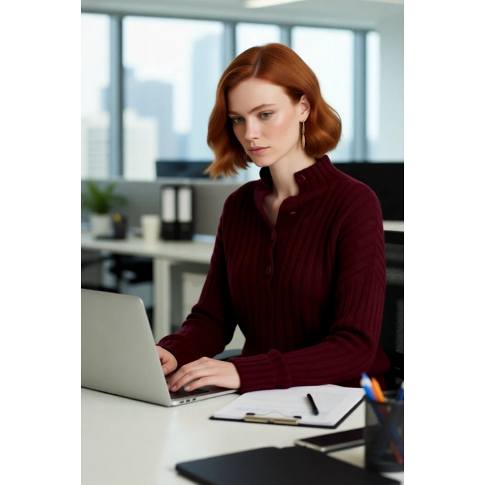 Kadın Casual Fitilli Triko Kazak Orta Kalınlık Dik Yaka Düşük Kol Rahat ve Trend Kış Stili