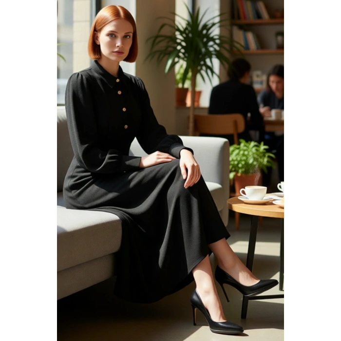 Kadın Casual Gömlek Yaka Uzun Kollu Aerobin Dokuma Skater Kalıp Maxi Boy Elbise Kaliteli Şık