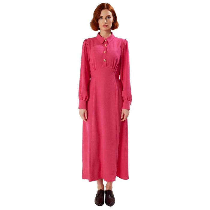 Kadın Casual Gömlek Yaka Uzun Kollu Aerobin Dokuma Skater Kalıp Maxi Boy Elbise Kaliteli Şık