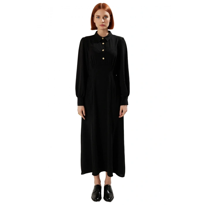 Kadın Casual Gömlek Yaka Uzun Kollu Aerobin Dokuma Skater Kalıp Maxi Boy Elbise Kaliteli Şık