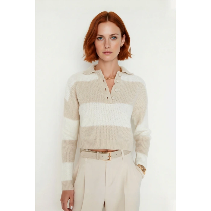 Kadın Casual Günlük Akrilik Super Crop Polo Yaka Çizgili Düşük Kol Yumuşak Triko Kazak Kaliteli