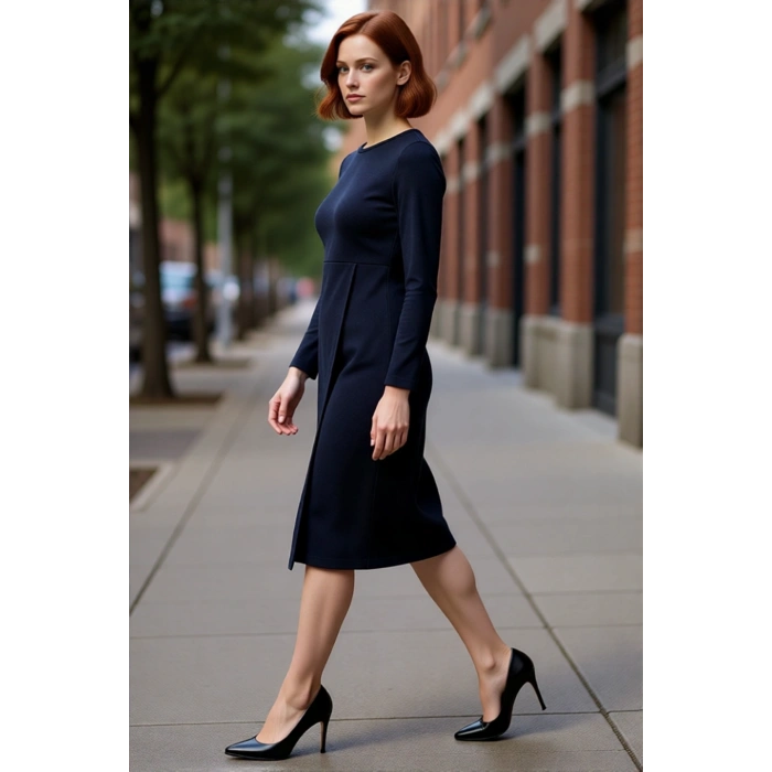 Kadın Casual Günlük Bisiklet Yaka Uzun Kollu Anvelop Midi Boy Selanik Dokuma Astarsız Elbise