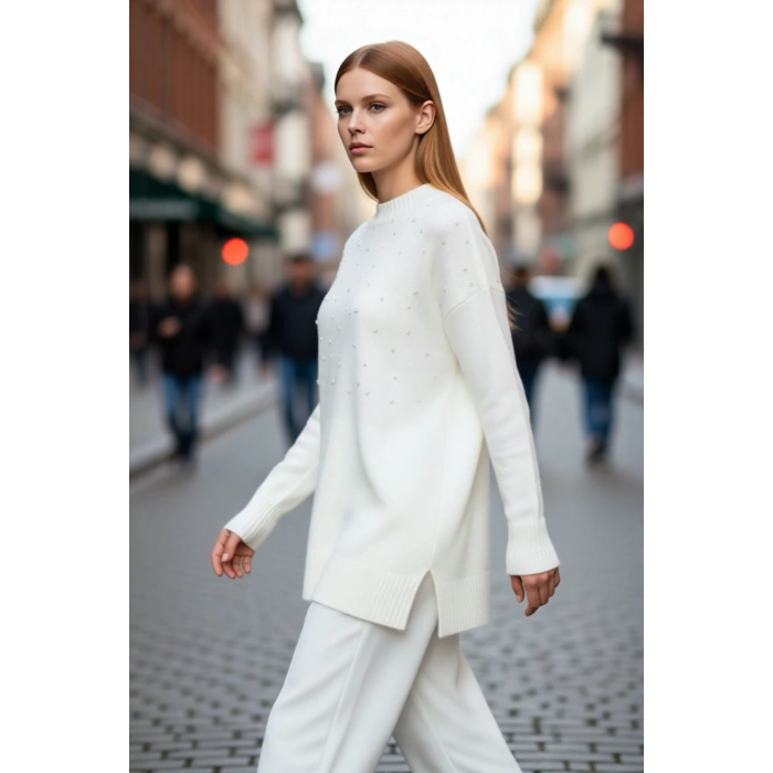 Kadın Casual İnci İşlemeli Relaxed Kalıp Triko Kazak Uzun Boy Bisiklet Yaka Kış Şıklığı Kaliteli