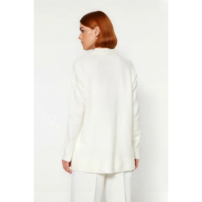 Kadın Casual İnci İşlemeli Relaxed Kalıp Triko Kazak Uzun Boy Bisiklet Yaka Kış Şıklığı Kaliteli