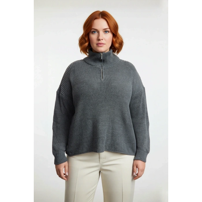 Kadın Casual Ortam Uzun Kollu Selanik Dokuma Regular Kalıp Fermuarlı Dik Yaka Triko Kazak Kaliteli