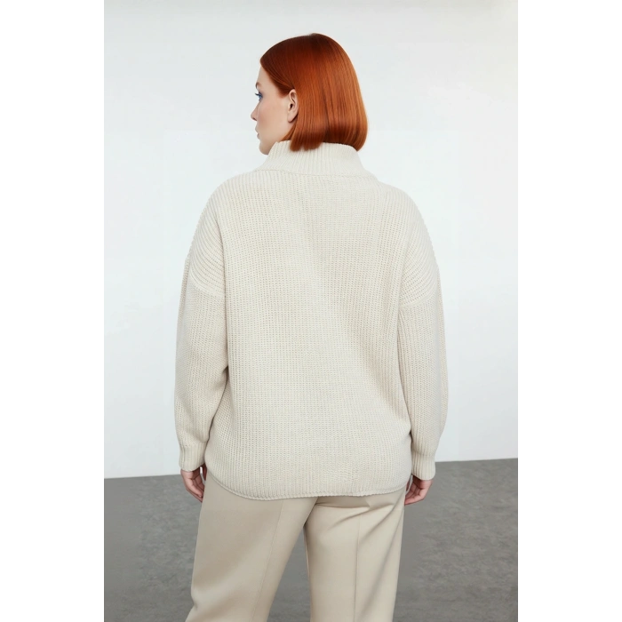 Kadın Casual Ortam Uzun Kollu Selanik Dokuma Regular Kalıp Fermuarlı Dik Yaka Triko Kazak Kaliteli