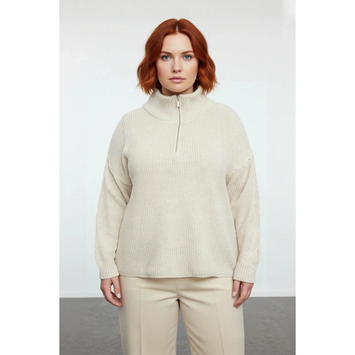 Kadın Casual Ortam Uzun Kollu Selanik Dokuma Regular Kalıp Fermuarlı Dik Yaka Triko Kazak Kaliteli