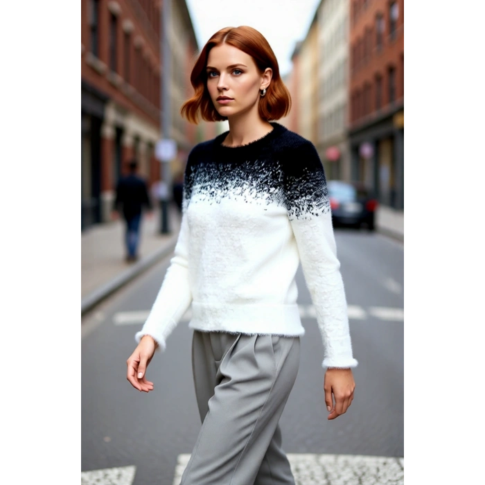 Kadın Casual Ortamlar İçin Bisiklet Yaka Degrade Desenli Uzun Kollu Tüylü Triko Kazak Kış Şıklığı