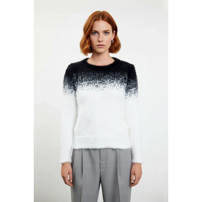 Kadın Casual Ortamlar İçin Bisiklet Yaka Degrade Desenli Uzun Kollu Tüylü Triko Kazak Kış Şıklığı