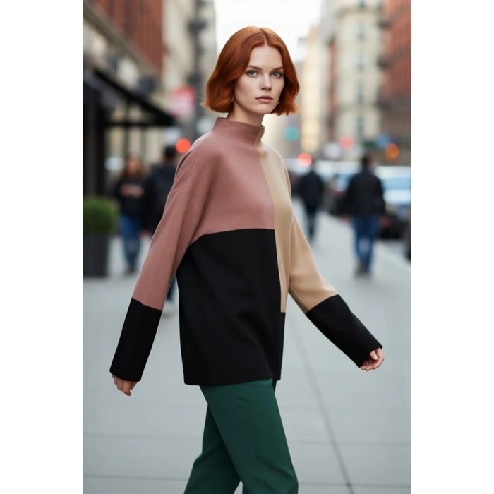 Kadın Casual Ortamlar İçin Dik Yaka Renk Bloklu Standart Kol Triko Kazak Kış Şıklığı Kaliteli