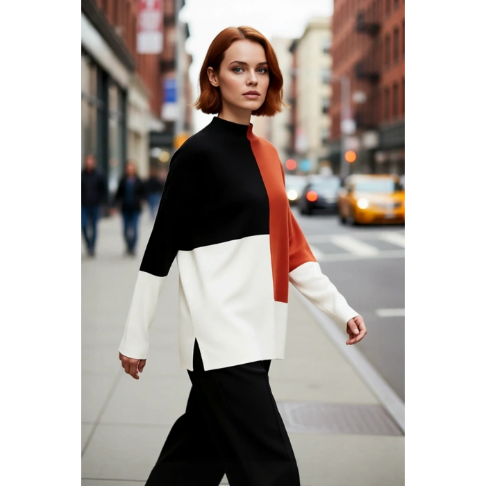 Kadın Casual Ortamlar İçin Dik Yaka Renk Bloklu Standart Kol Triko Kazak Kış Şıklığı Kaliteli