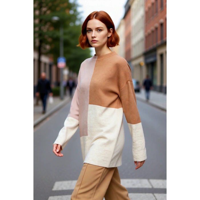 Kadın Casual Ortamlar İçin Dik Yaka Renk Bloklu Standart Kol Triko Kazak Kış Şıklığı Kaliteli