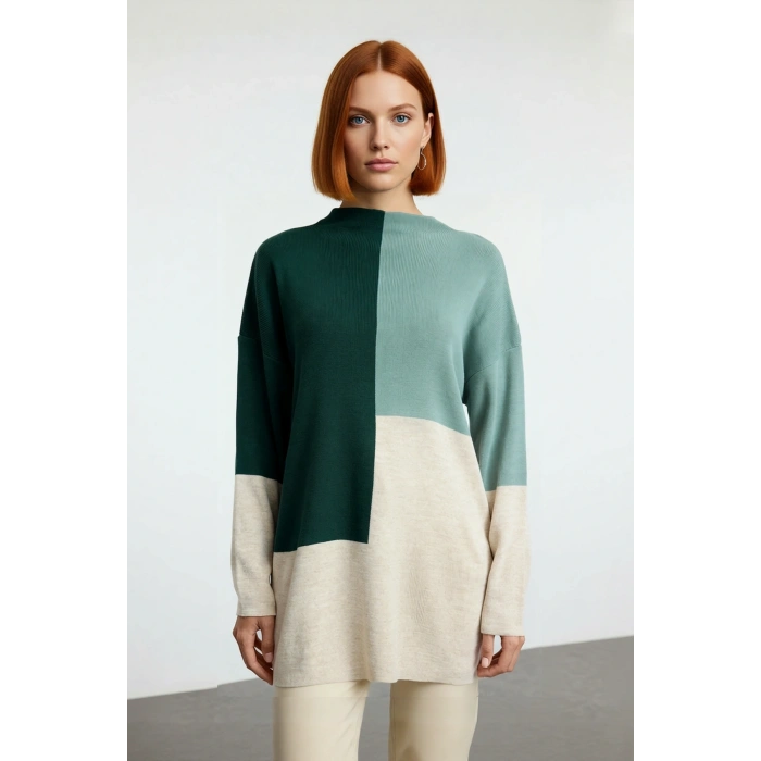 Kadın Casual Ortamlar İçin Dik Yaka Renk Bloklu Standart Kol Triko Kazak Kış Şıklığı Kaliteli