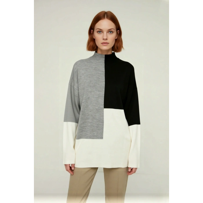 Kadın Casual Ortamlar İçin Dik Yaka Renk Bloklu Standart Kol Triko Kazak Kış Şıklığı Kaliteli