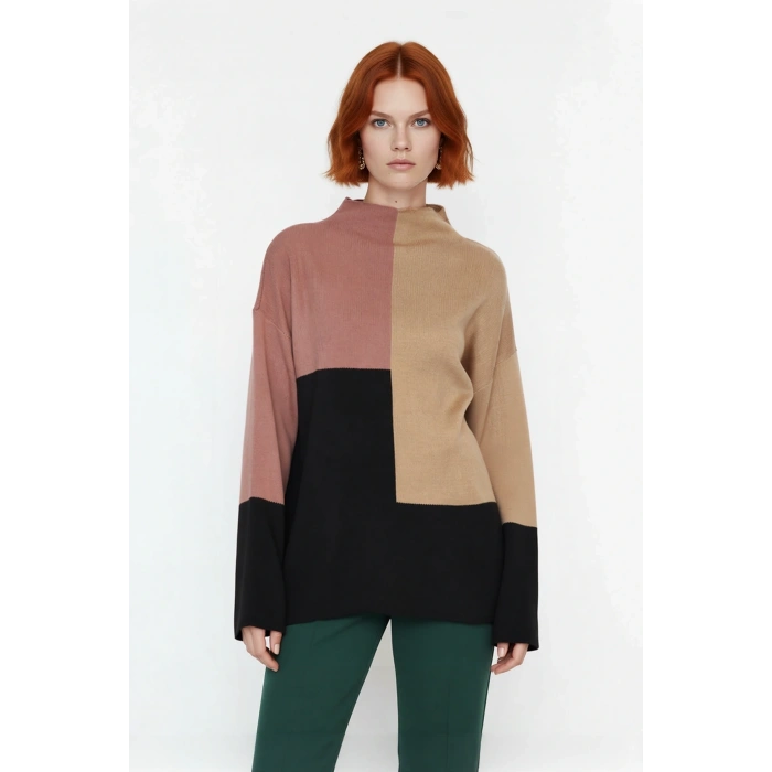 Kadın Casual Ortamlar İçin Dik Yaka Renk Bloklu Standart Kol Triko Kazak Kış Şıklığı Kaliteli