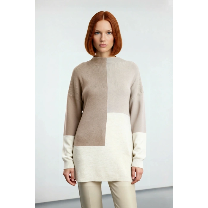 Kadın Casual Ortamlar İçin Dik Yaka Renk Bloklu Standart Kol Triko Kazak Kış Şıklığı Kaliteli