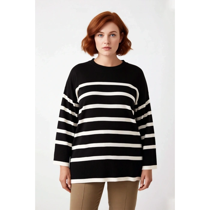 Kadın Casual Ortamlar İçin İdeal Uzun Kollu Orta Kalınlıkta Çizgili Bisiklet Yaka Triko Kazak