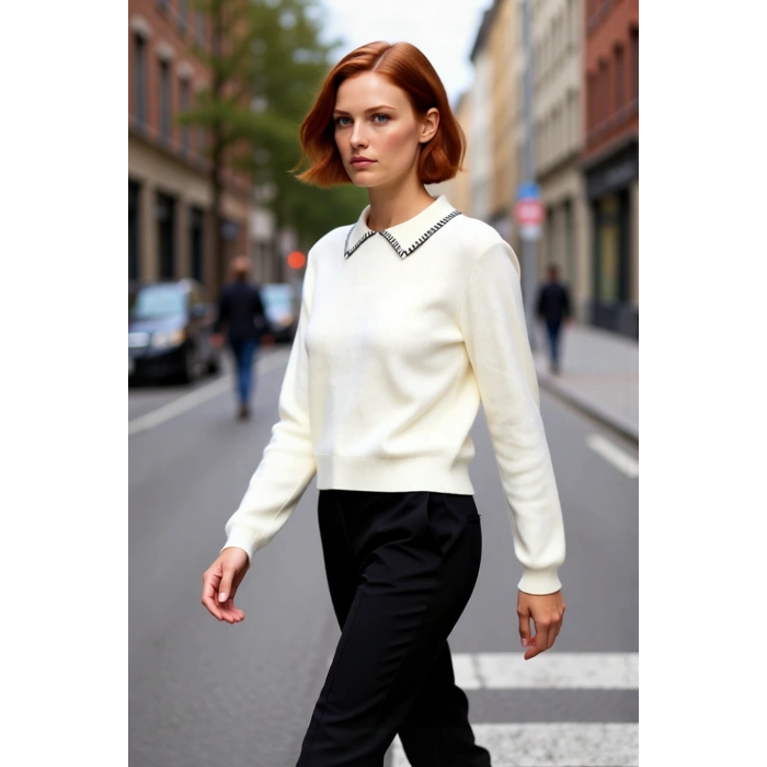 Kadın Casual Polo Yaka Dikiş Detaylı Triko Kazak Regular Kalıp Uzun Kollu Konforlu Tasarım