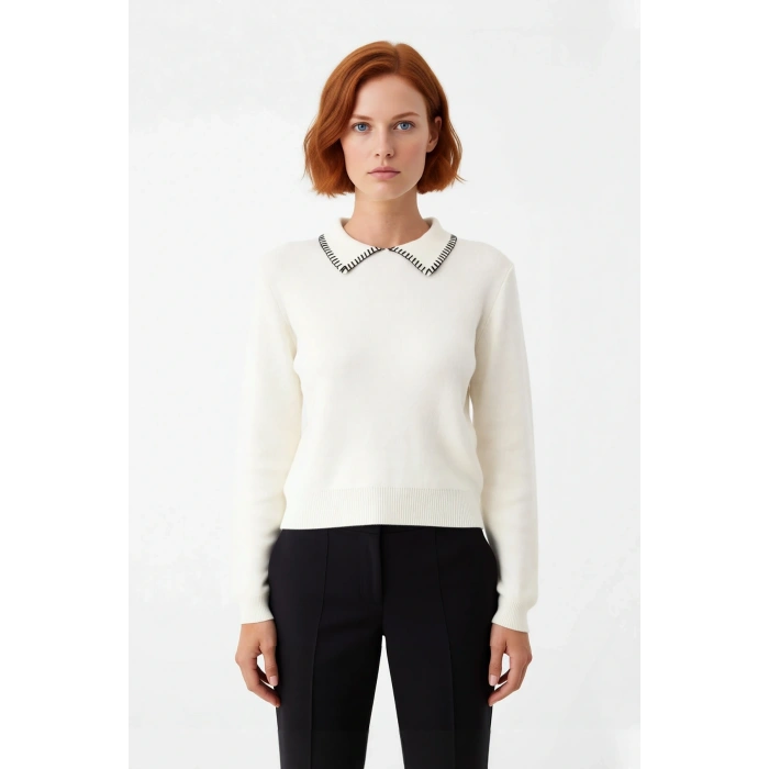 Kadın Casual Polo Yaka Dikiş Detaylı Triko Kazak Regular Kalıp Uzun Kollu Konforlu Tasarım