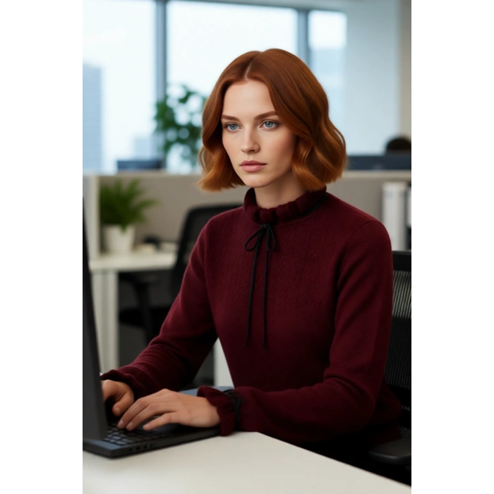 Kadın Casual Regular Kalıp Ajurlu Dik Yaka Bağcıklı Standart Kollu Triko Kazak Soğuk Havalar İçin