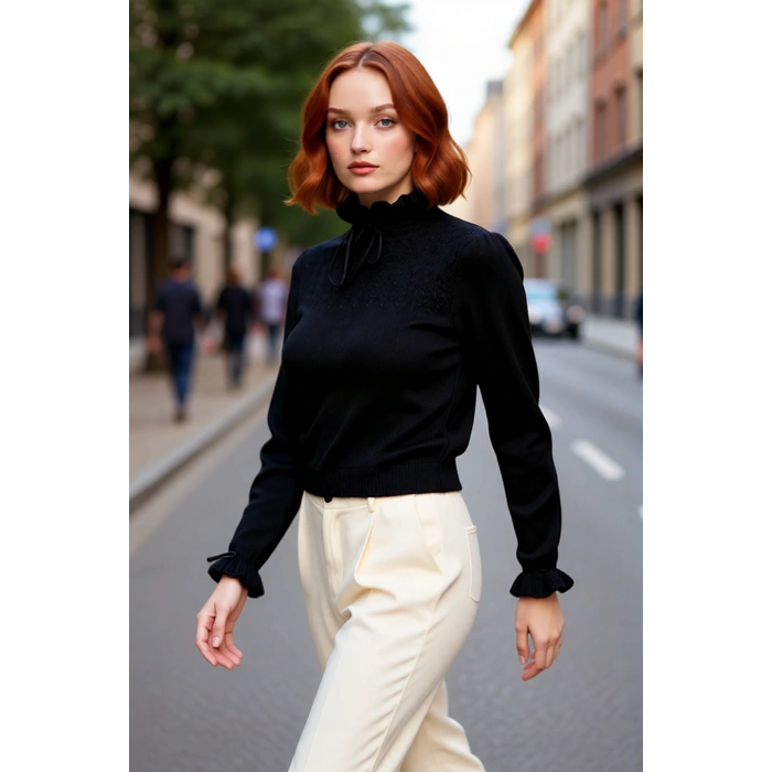 Kadın Casual Regular Kalıp Ajurlu Dik Yaka Bağcıklı Standart Kollu Triko Kazak Soğuk Havalar İçin