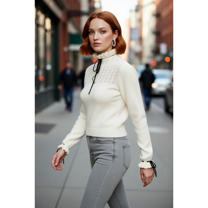 Kadın Casual Regular Kalıp Ajurlu Dik Yaka Bağcıklı Standart Kollu Triko Kazak Soğuk Havalar İçin