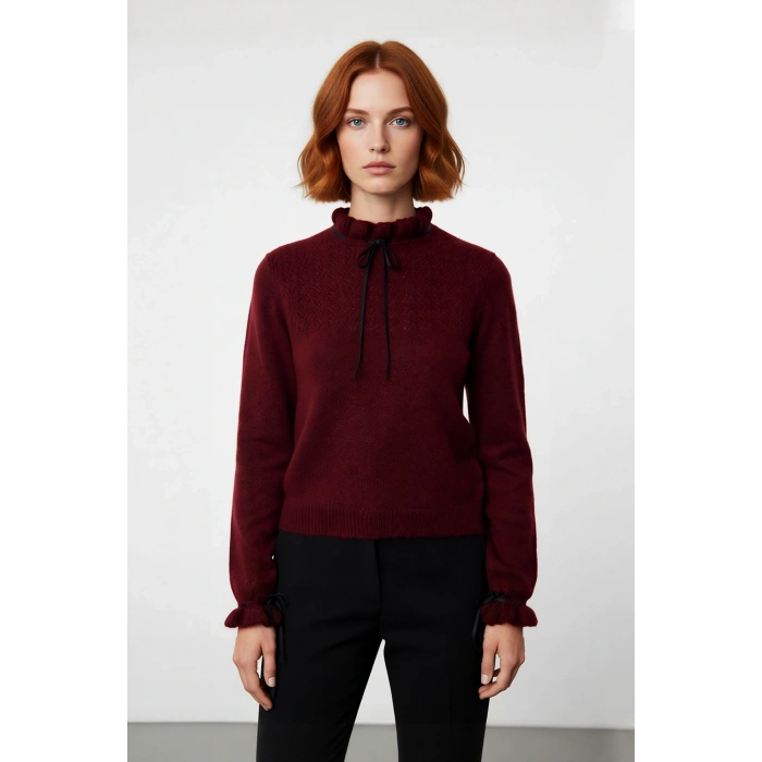 Kadın Casual Regular Kalıp Ajurlu Dik Yaka Bağcıklı Standart Kollu Triko Kazak Soğuk Havalar İçin